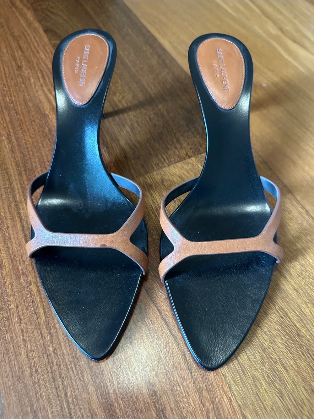 Saint Laurent Black Footbed Brown Strap Pointed Mules